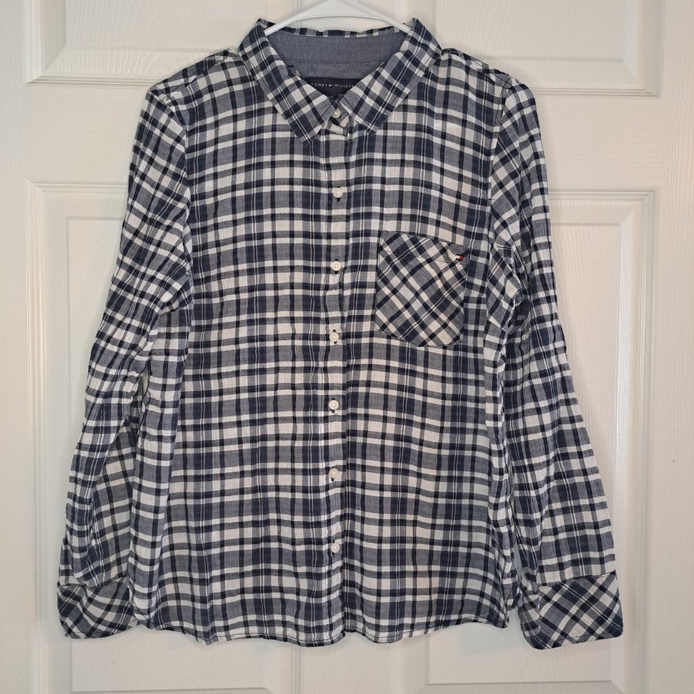 Tommy Hilfiger Blue White Lightweight Plaid Button-Up Shirt Size Large - Picture 2 of 5